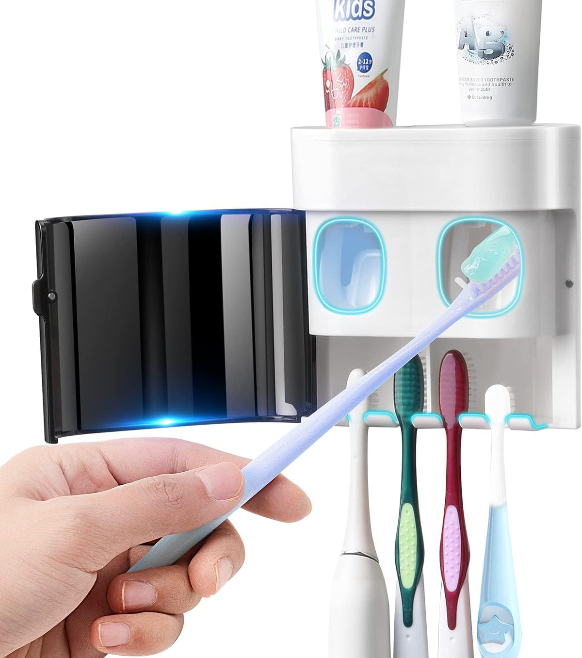 Wall Mount Toothbrush Holder with Dual Toothpaste Dispenser | Family Bathroom Organizer