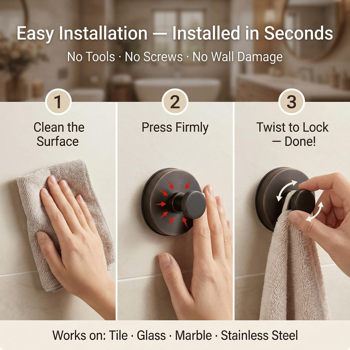 Wood Grain Twist-Lock Suction Wall Hook | Removable Vanity Storage Hook