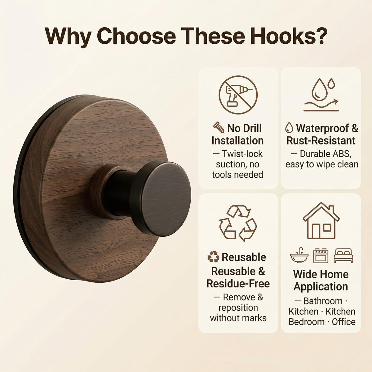 Wood Grain Twist-Lock Suction Wall Hook | Removable Vanity Storage Hook