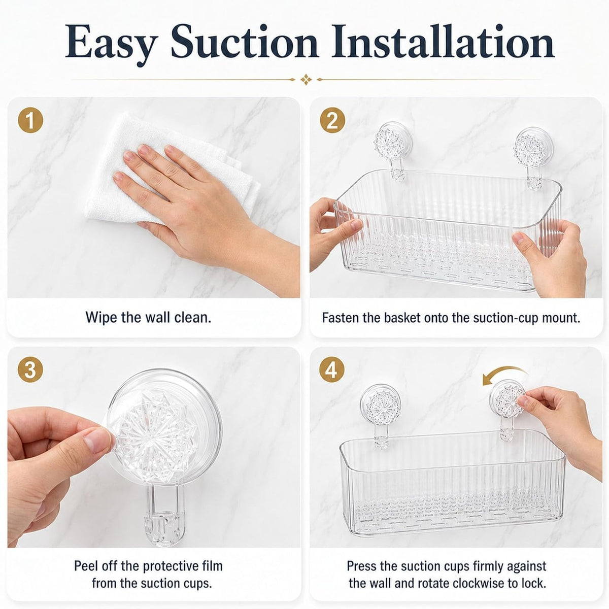 Clear Ribbed Twist-Lock Suction Shower Storage Basket | Wall Mount Bathroom Caddy