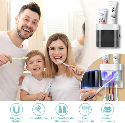 Wall Mount Toothbrush Holder with Dual Toothpaste Dispenser | Family Bathroom Organizer