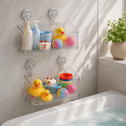 Clear Ribbed Twist-Lock Suction Shower Storage Basket | Wall Mount Bathroom Caddy