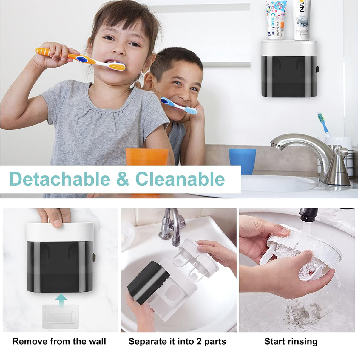 Wall Mount Toothbrush Holder with Dual Toothpaste Dispenser | Family Bathroom Organizer