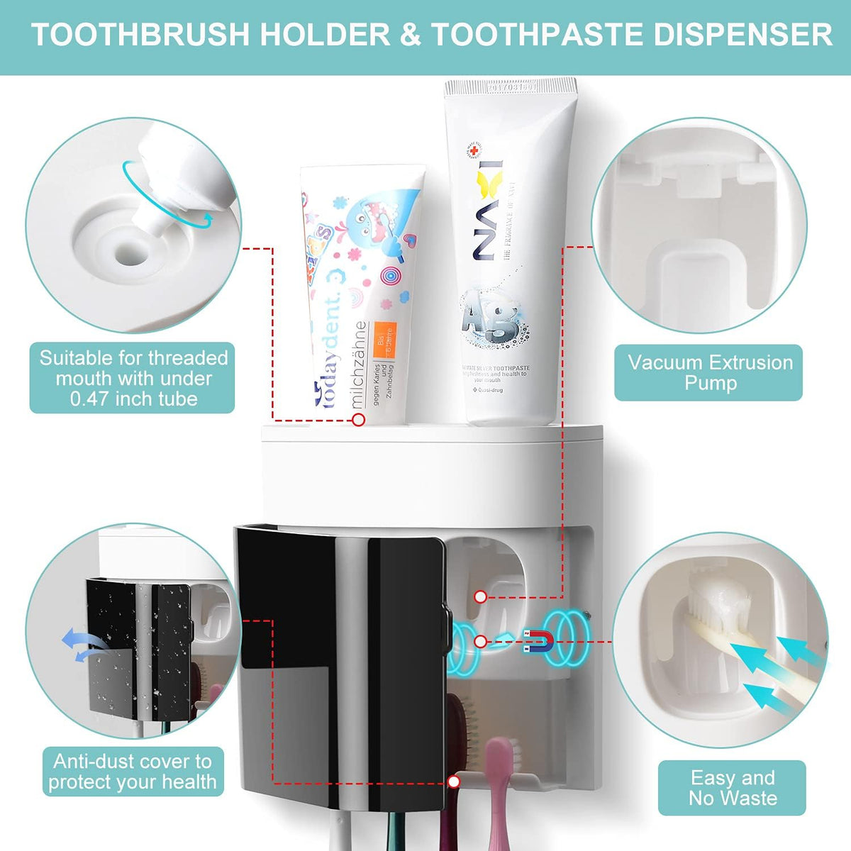 Wall Mount Toothbrush Holder with Dual Toothpaste Dispenser | Family Bathroom Organizer