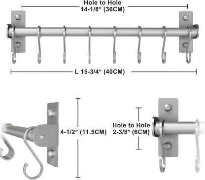 Wall Mounted Pot Rack with Movable Sliding Hooks, Heavy Duty Kitchen Utensil Rail for Pans, Mugs & Towels