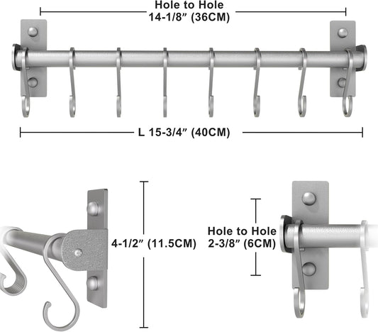 Wall Mounted Pot Rack with Movable Sliding Hooks, Heavy Duty Kitchen Utensil Rail for Pans, Mugs & Towels