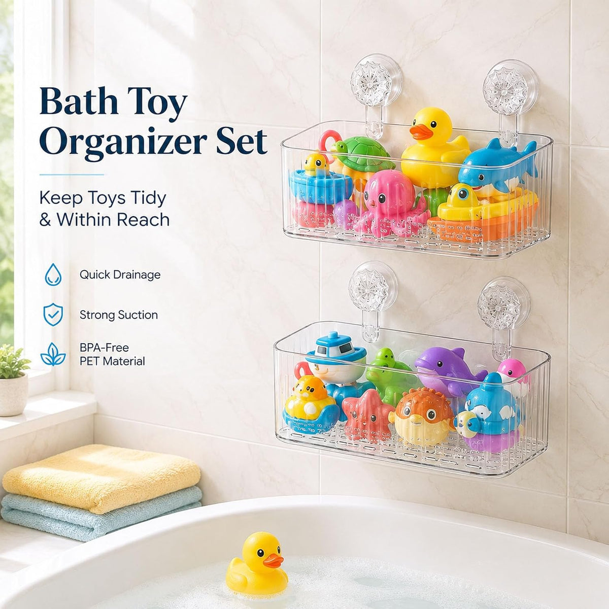 Clear Ribbed Twist-Lock Suction Shower Storage Basket | Wall Mount Bathroom Caddy