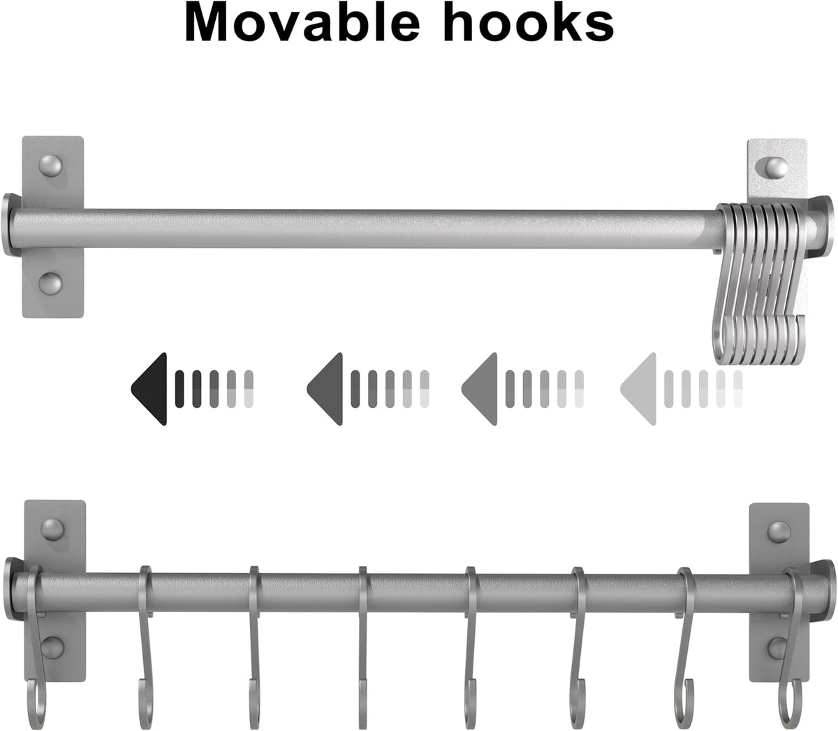 Wall Mounted Pot Rack with Movable Sliding Hooks, Heavy Duty Kitchen Utensil Rail for Pans, Mugs & Towels