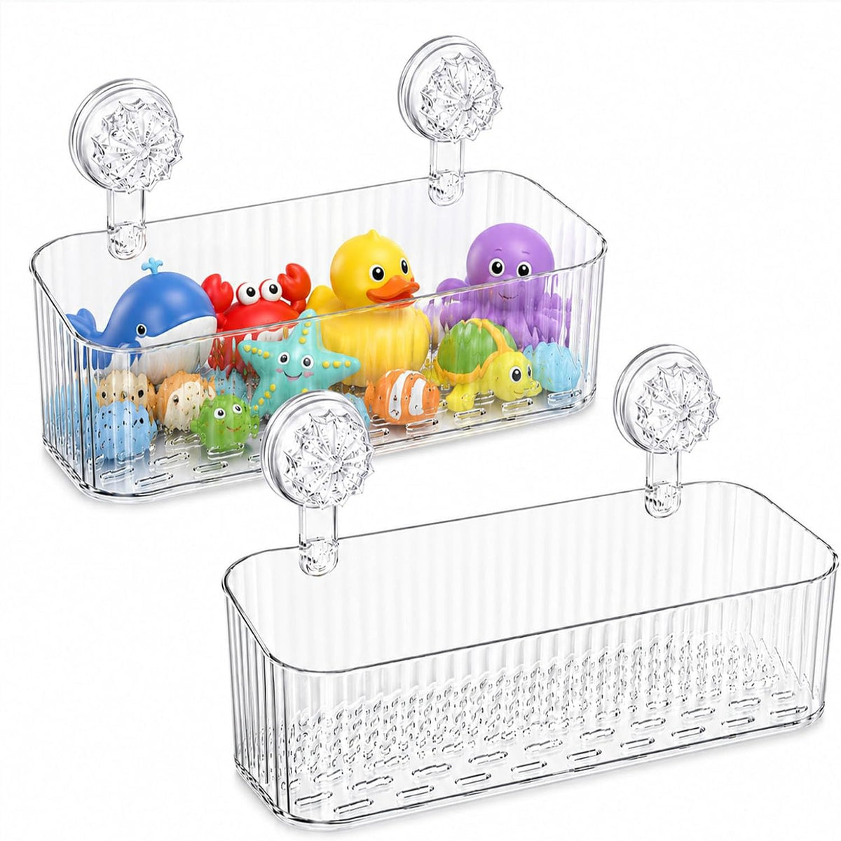 Clear Ribbed Twist-Lock Suction Shower Storage Basket | Wall Mount Bathroom Caddy