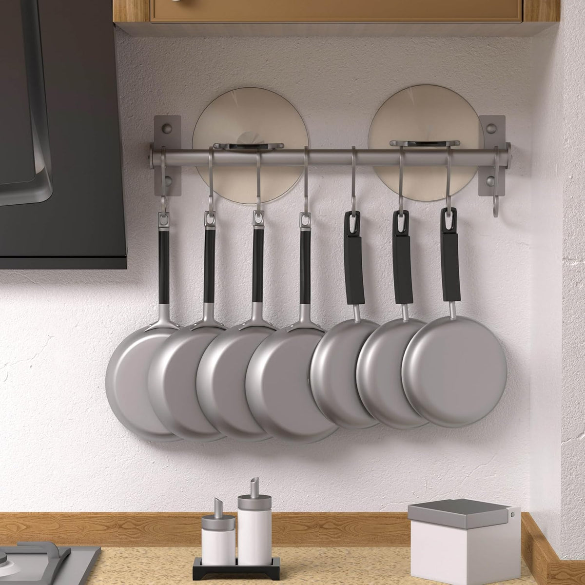 Wall Mounted Pot Rack with Movable Sliding Hooks, Heavy Duty Kitchen Utensil Rail for Pans, Mugs & Towels