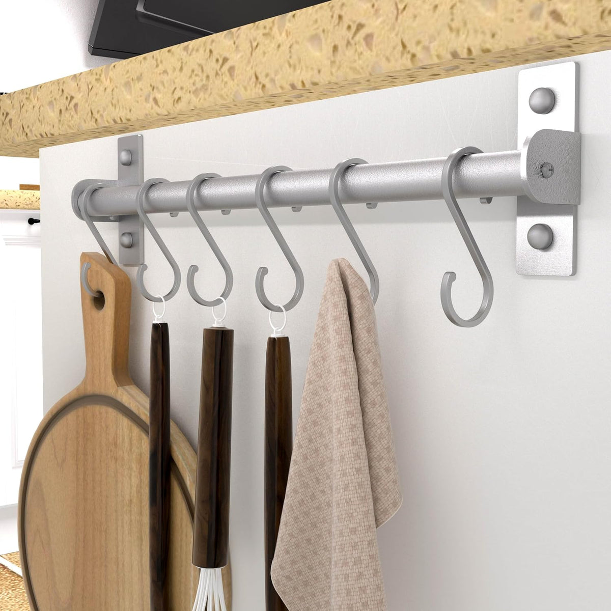 Wall Mounted Pot Rack with Movable Sliding Hooks, Heavy Duty Kitchen Utensil Rail for Pans, Mugs & Towels