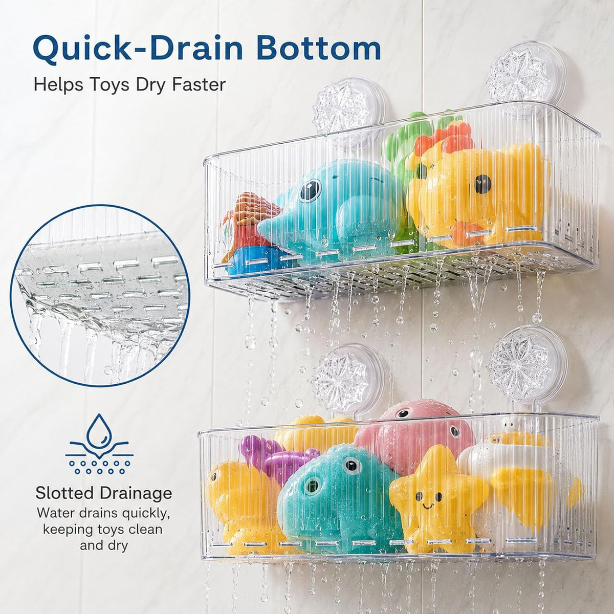 Clear Ribbed Twist-Lock Suction Shower Storage Basket | Wall Mount Bathroom Caddy