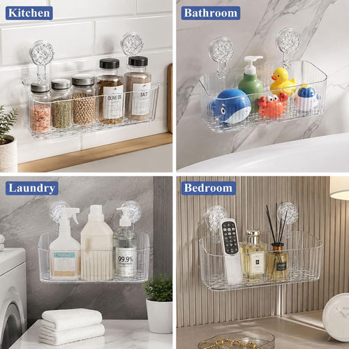 Clear Ribbed Twist-Lock Suction Shower Storage Basket | Wall Mount Bathroom Caddy