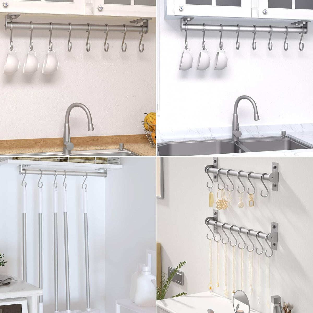 Wall Mounted Pot Rack with Movable Sliding Hooks, Heavy Duty Kitchen Utensil Rail for Pans, Mugs & Towels