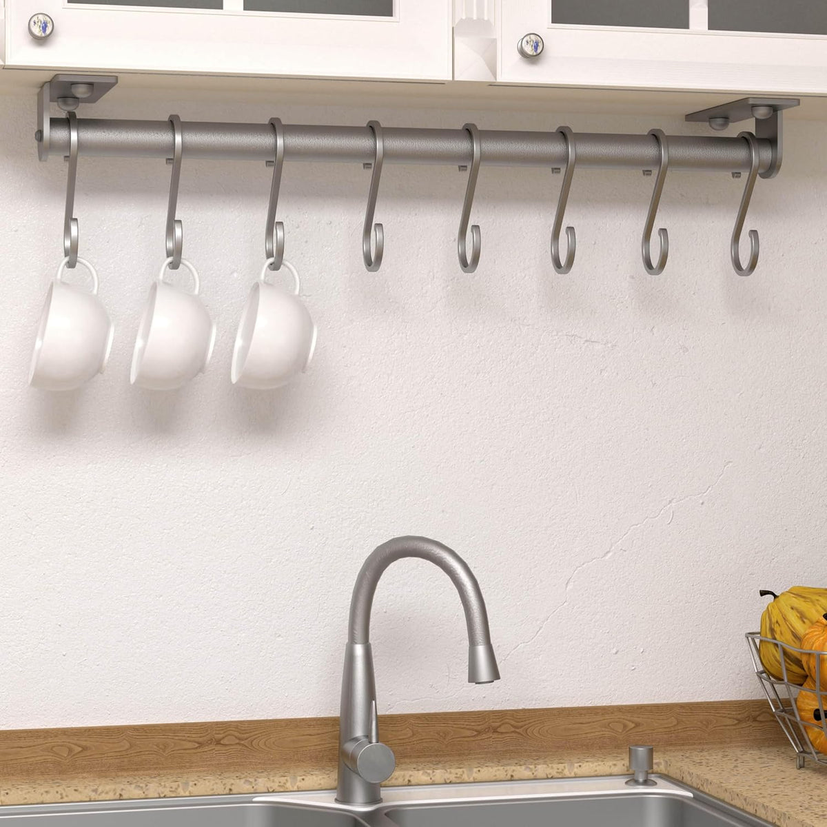 Wall Mounted Pot Rack with Movable Sliding Hooks, Heavy Duty Kitchen Utensil Rail for Pans, Mugs & Towels