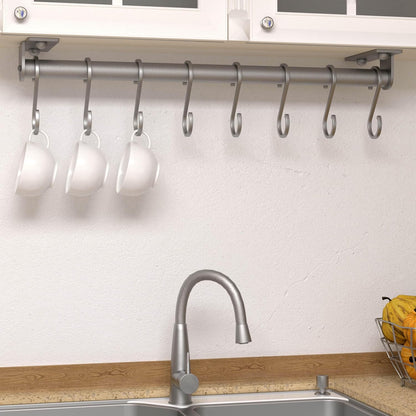 Wall Mounted Pot Rack with Movable Sliding Hooks, Heavy Duty Kitchen Utensil Rail for Pans, Mugs & Towels