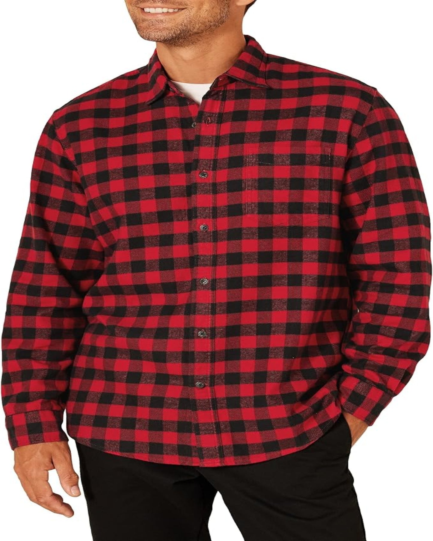 Men's Regular Fit Long-Sleeve Flannel Shirt, Soft Brushed Cotton, Lightweight yet Warm