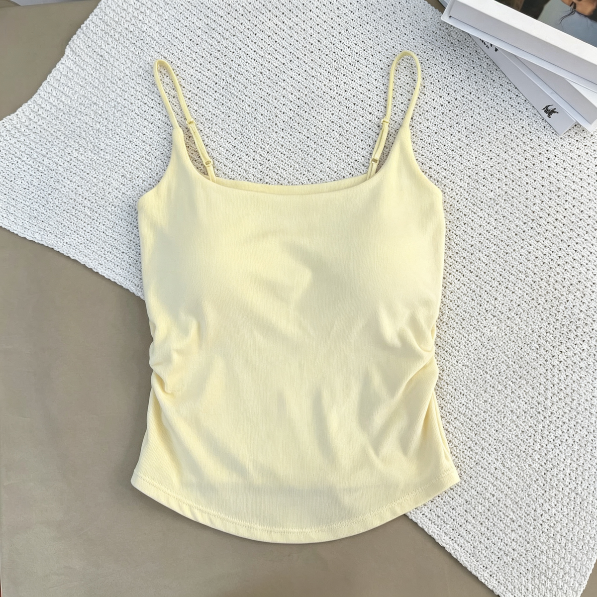 🔥🔥🔥Women's Rayon Built-in Padded Cami Top, Seamless One Piece Low Neck Adjustable Spaghetti Strap Tank Top